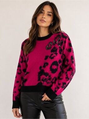 DKNY Pink & Black Animal Print Sequin Sweater – Size M